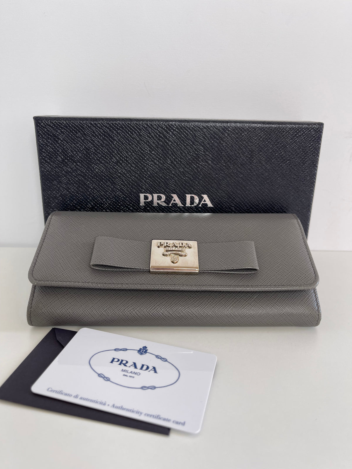 Prada Large Saffiano Grey Leather Wallet