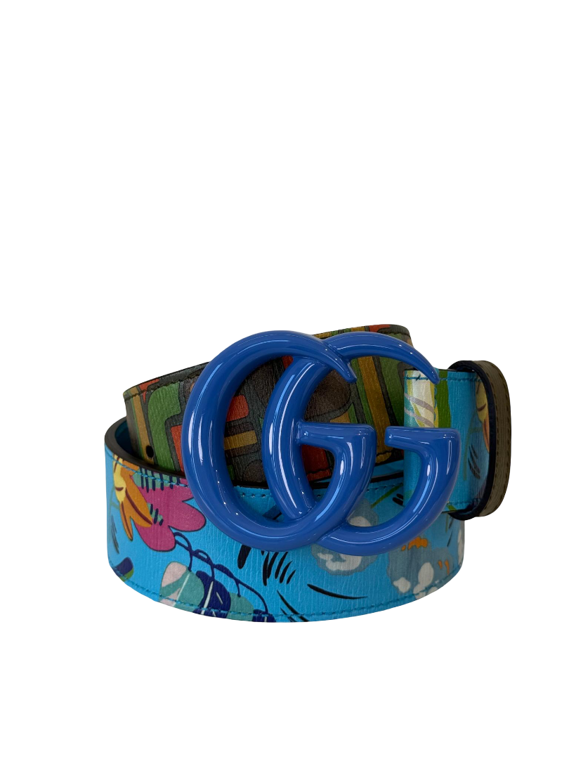 Gucci GG Marmont Blue Floral Pattern Belt