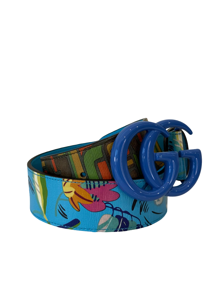 Gucci GG Marmont Blue Floral Pattern Belt