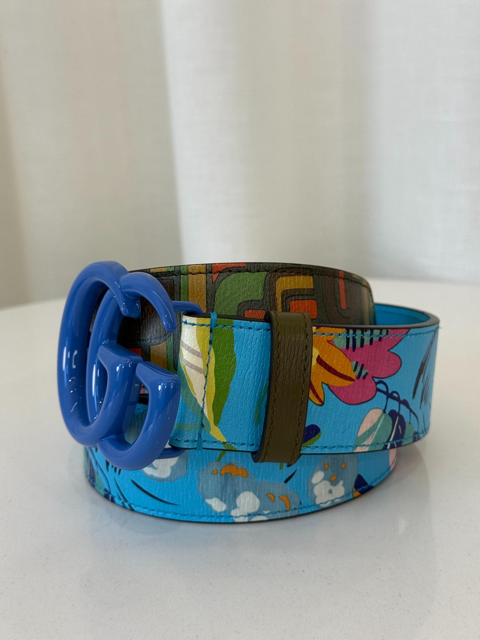 Gucci GG Marmont Blue Floral Pattern Belt