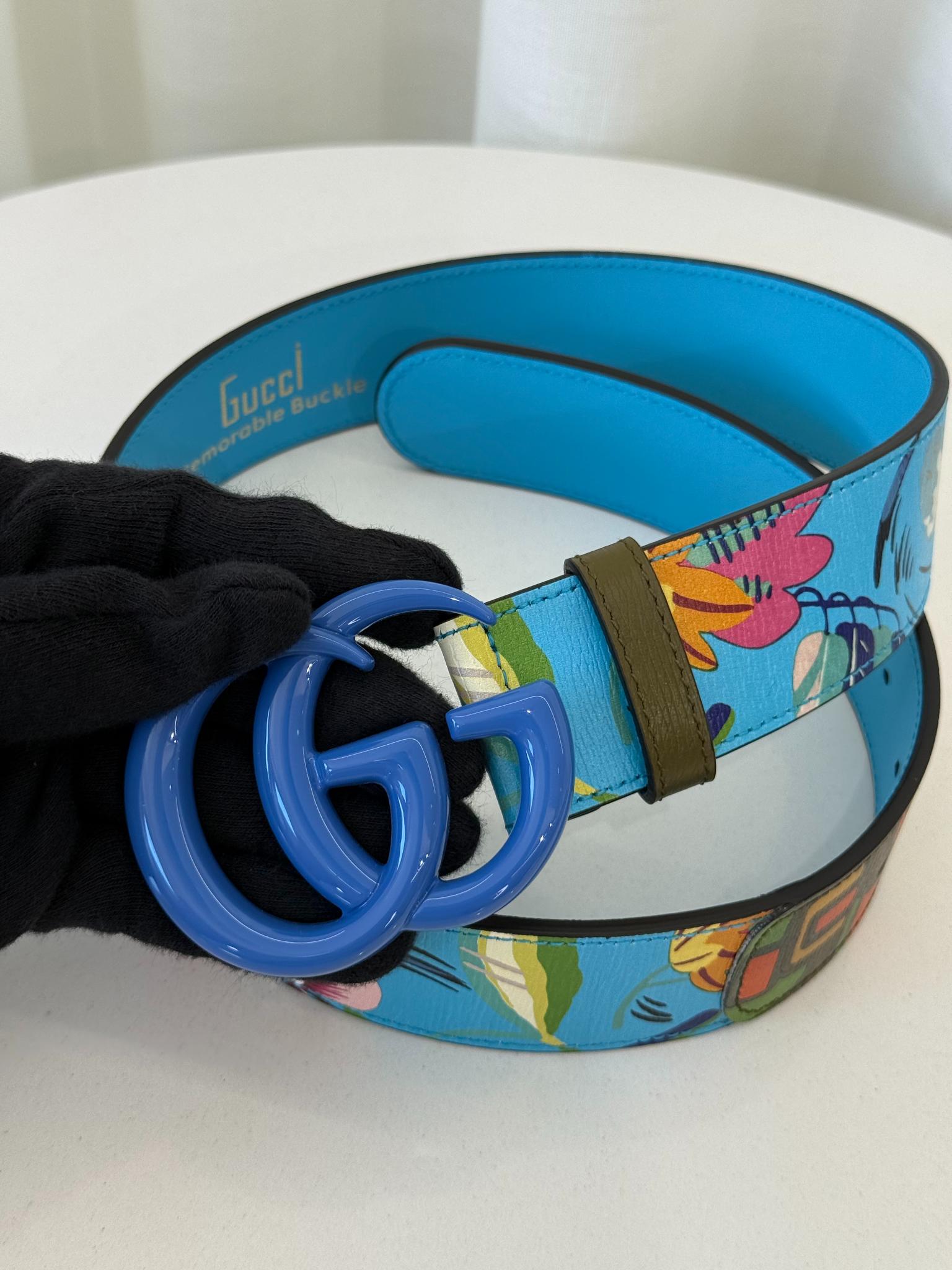 Gucci GG Marmont Blue Floral Pattern Belt