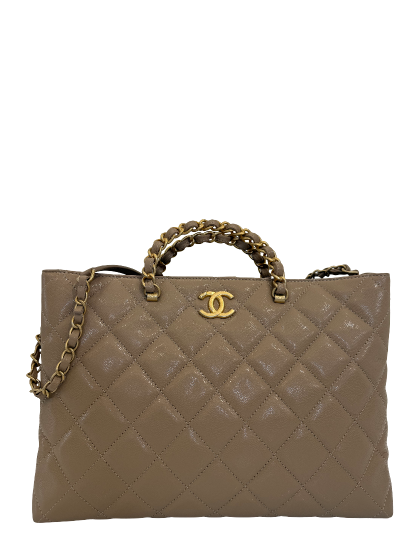 Chanel Beige Quilted Shiny Caviar Leather Coco Handle Shopping Tote