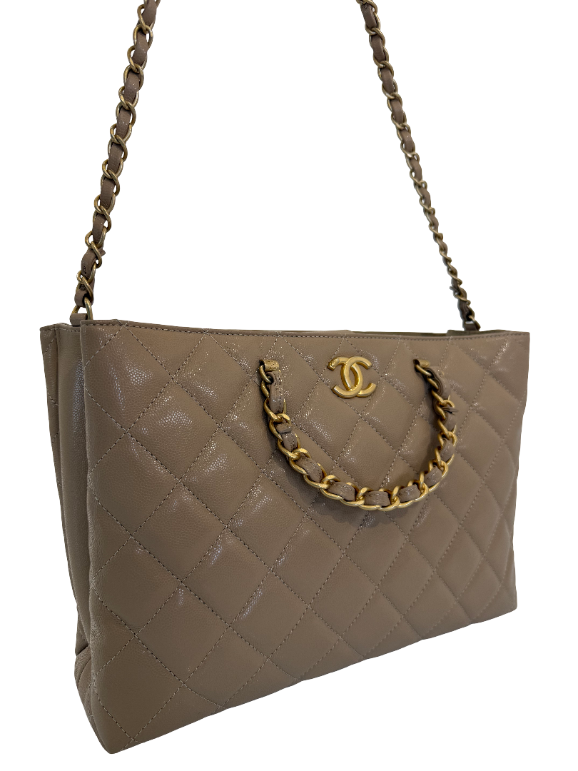 Chanel Beige Quilted Shiny Caviar Leather Coco Handle Shopping Tote