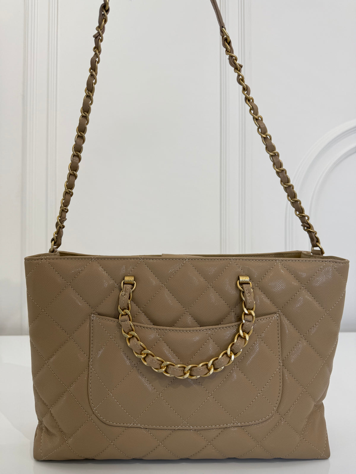Chanel Beige Quilted Shiny Caviar Leather Coco Handle Shopping Tote