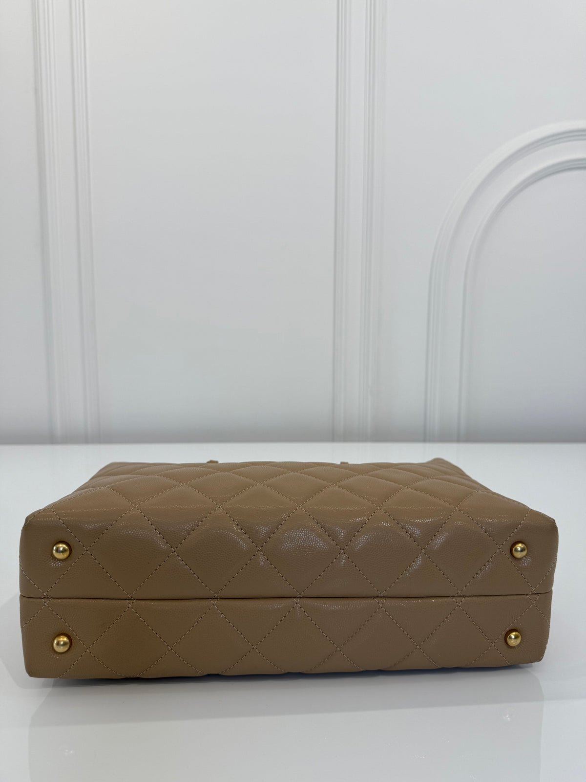 Chanel Beige Quilted Shiny Caviar Leather Coco Handle Shopping Tote