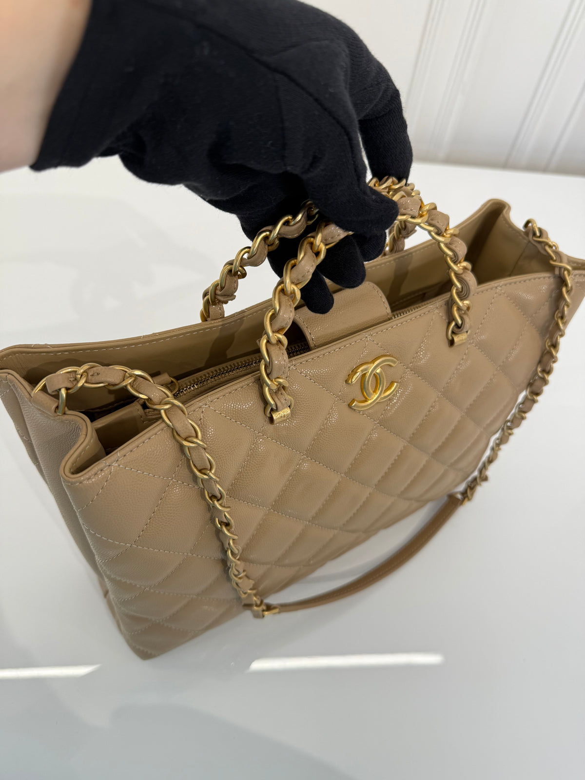 Chanel Beige Quilted Shiny Caviar Leather Coco Handle Shopping Tote