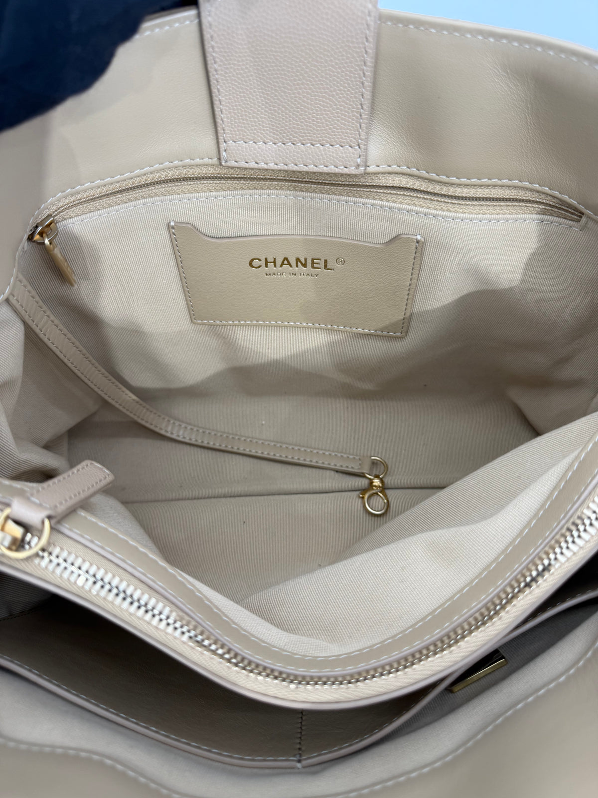 Chanel Beige Quilted Shiny Caviar Leather Coco Handle Shopping Tote