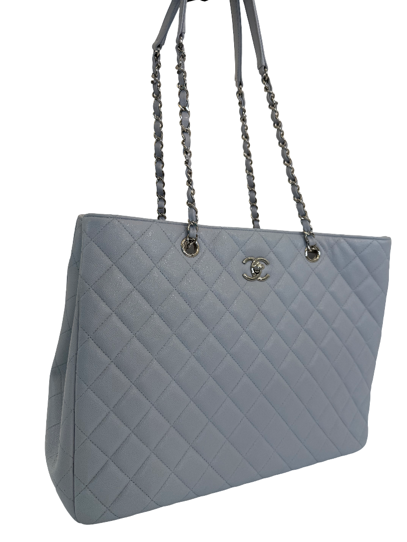 Chanel Light Grey Quilted Caviar Leather Shopping Tote