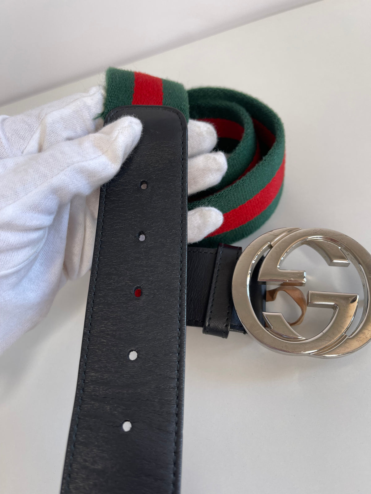 Gucci GG Interlocking Web Belt With Double G Silver Buckle