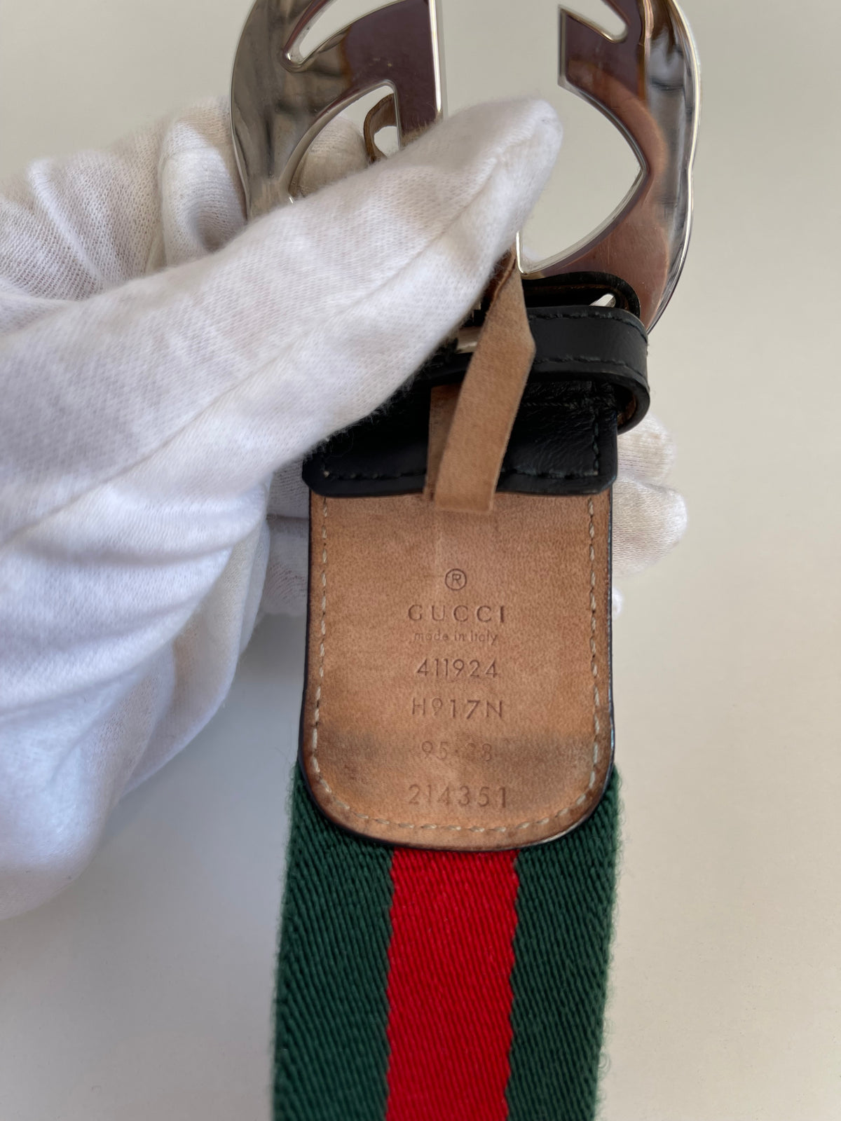 Gucci GG Interlocking Web Belt With Double G Silver Buckle
