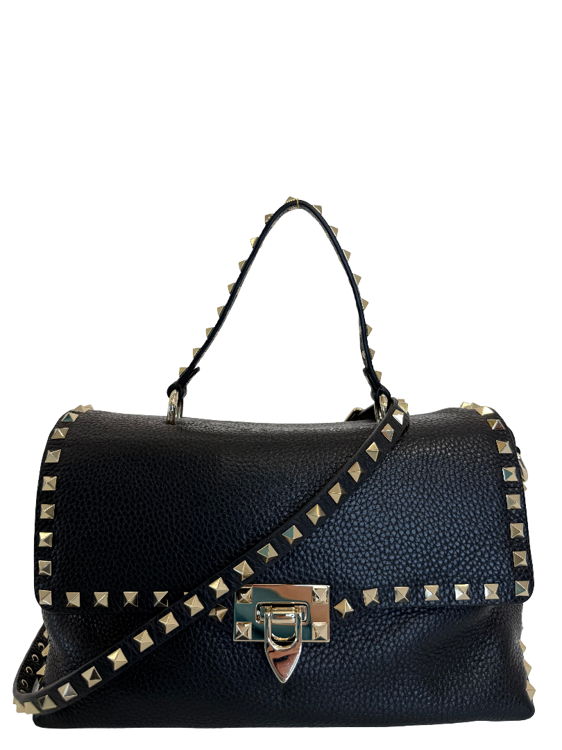 Valentino Black Grained Calfskin Leather Rockstud Top Handle Bag