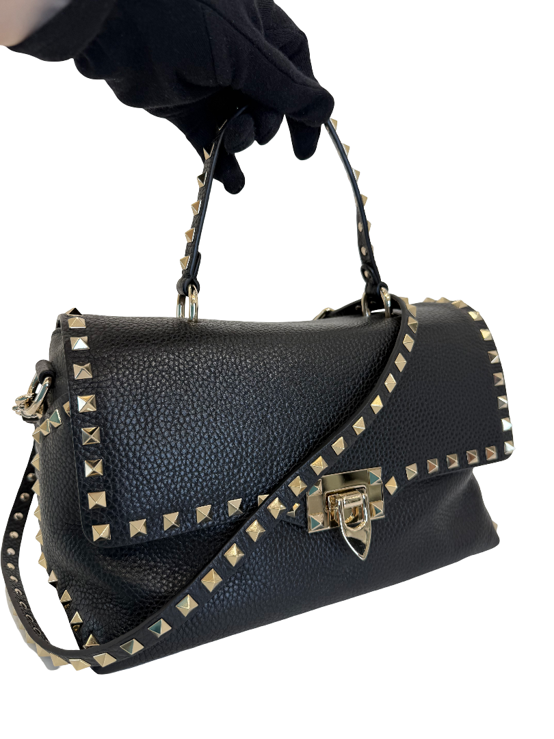Valentino Black Grained Calfskin Leather Rockstud Top Handle Bag