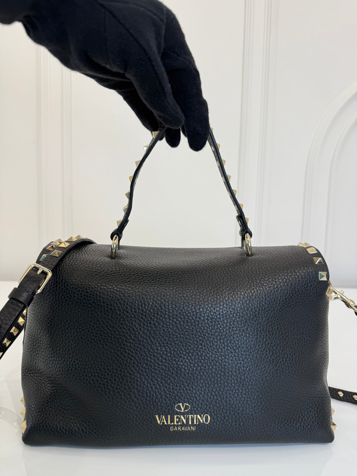Valentino Black Grained Calfskin Leather Rockstud Top Handle Bag
