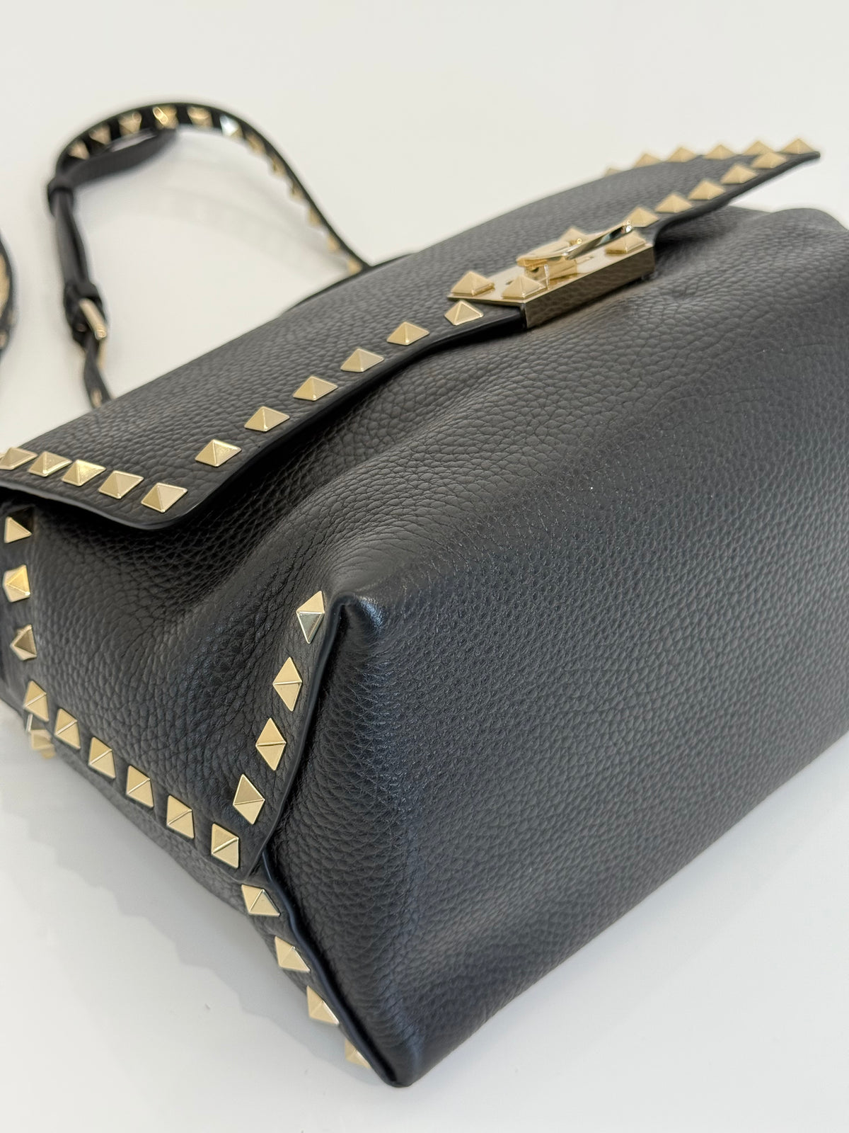 Valentino Black Grained Calfskin Leather Rockstud Top Handle Bag