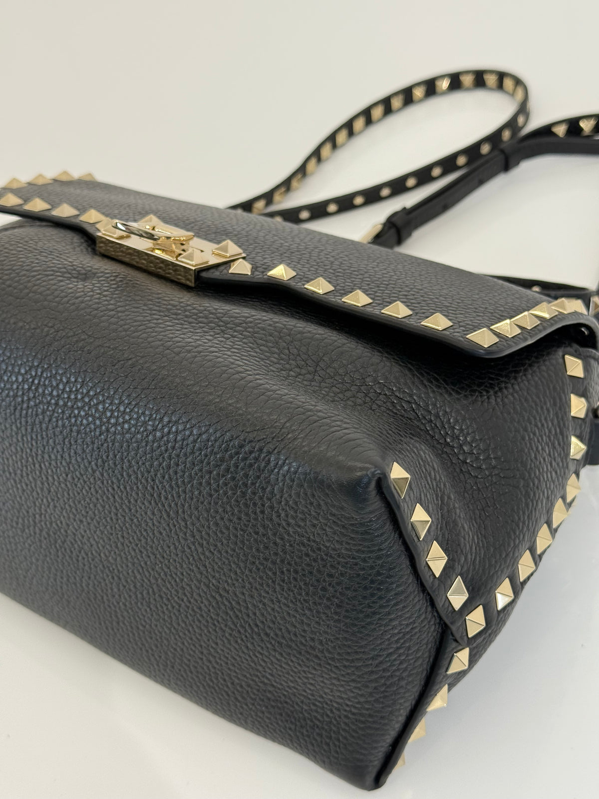 Valentino Black Grained Calfskin Leather Rockstud Top Handle Bag