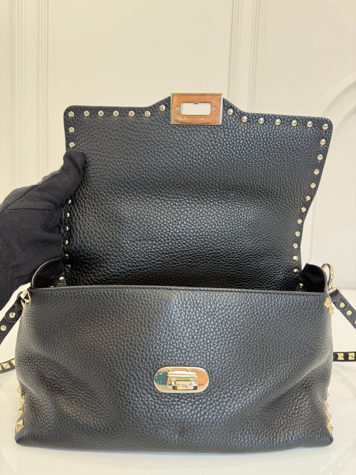 Valentino Black Grained Calfskin Leather Rockstud Top Handle Bag