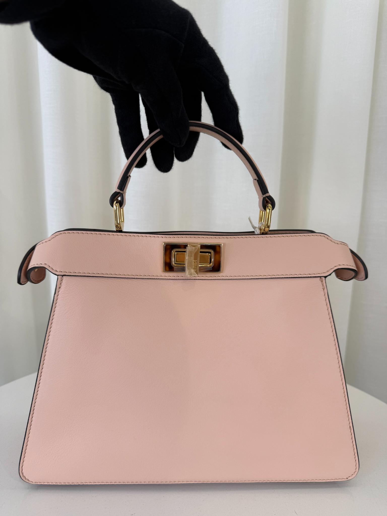 Fendi Light Rose Calfskin Leather Medium Peekaboo with Tortoise Detail