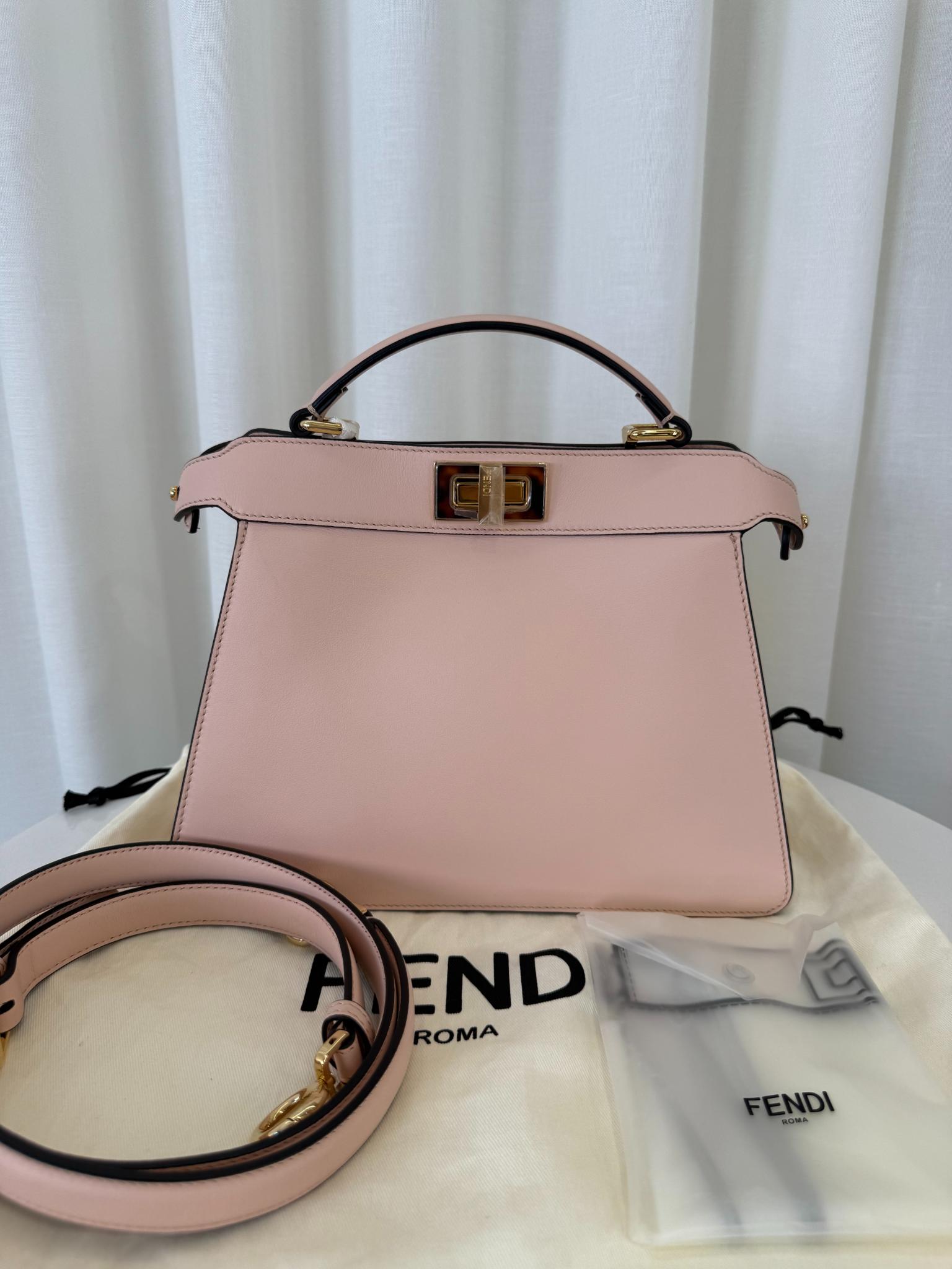 Fendi Light Rose Calfskin Leather Medium Peekaboo with Tortoise Detail