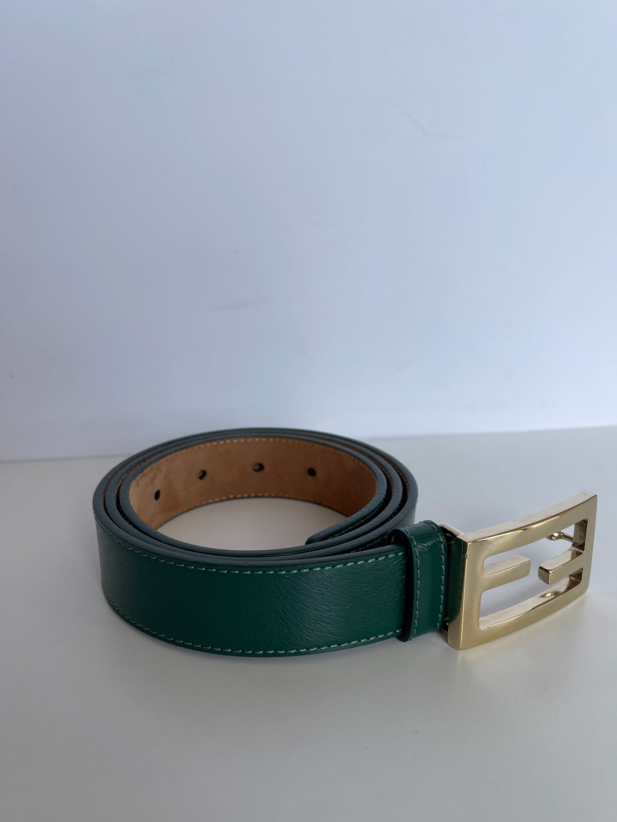 Fendi Green Leather FF Buckle Wide Waist Belt 90 Cm