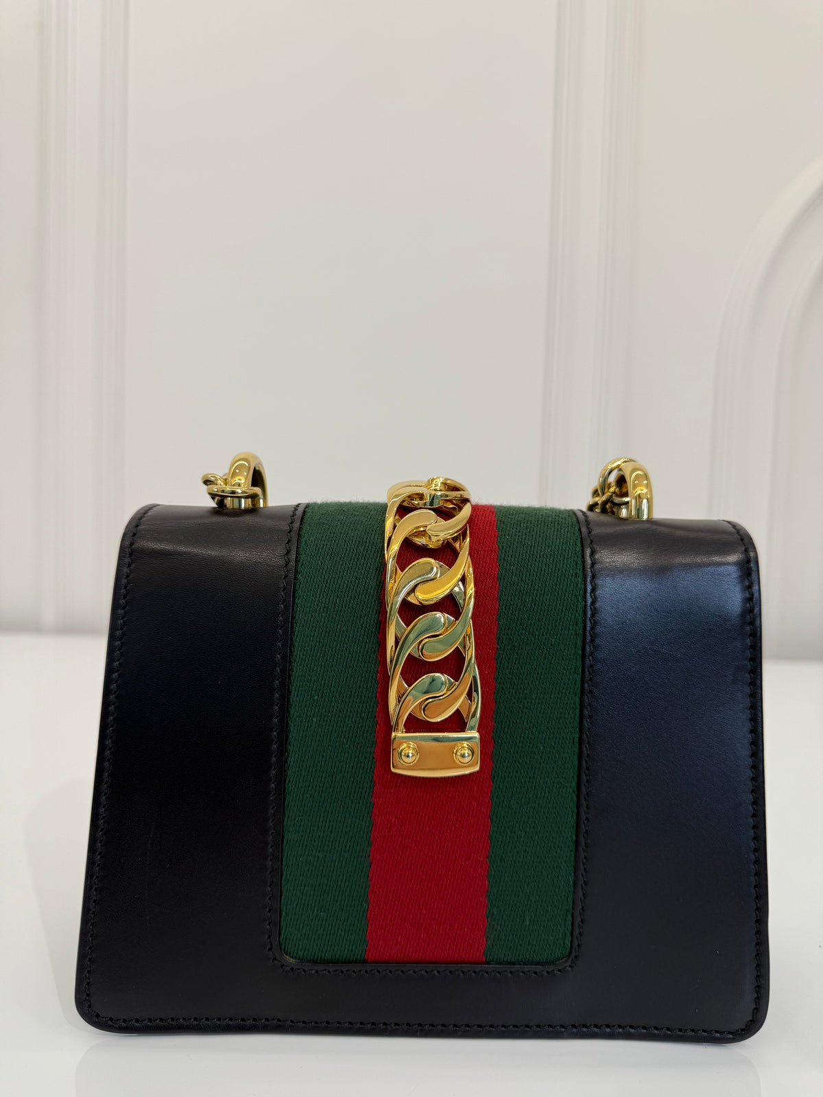 Gucci Sylvie Black Leather Web Signature Chain Crossbody Bag