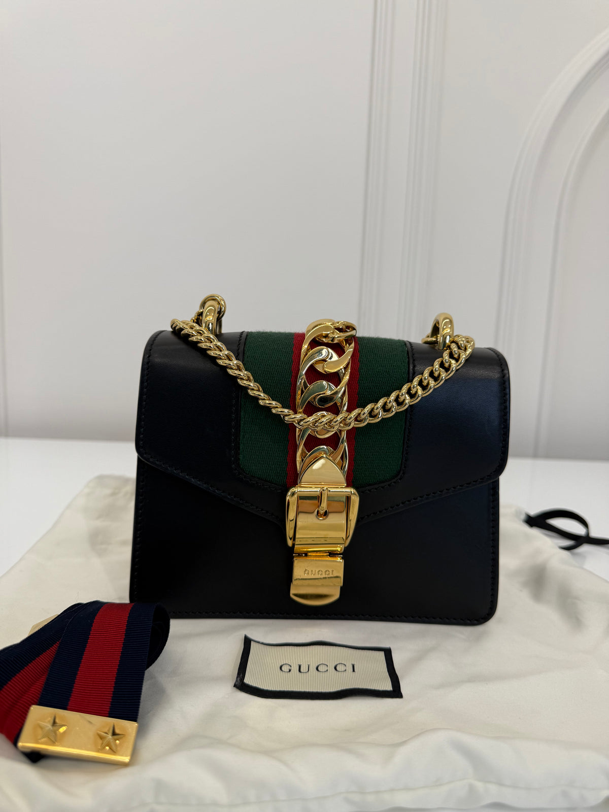Gucci Sylvie Black Leather Web Signature Chain Crossbody Bag