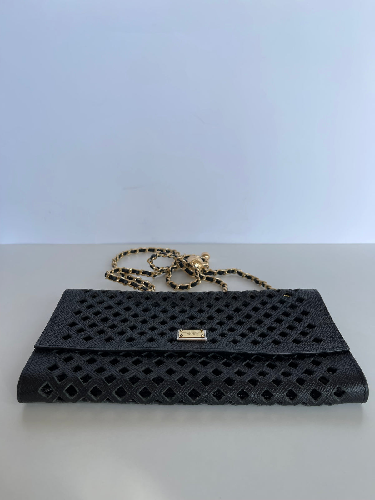 Dolce Gabbana Black Leather Wallet on Chain