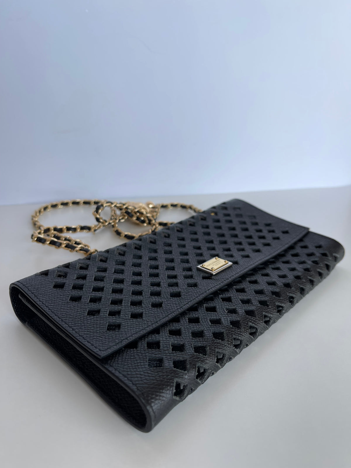 Dolce Gabbana Black Leather Wallet on Chain