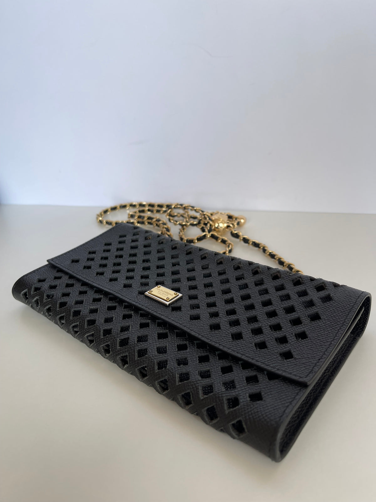 Dolce Gabbana Black Leather Wallet on Chain
