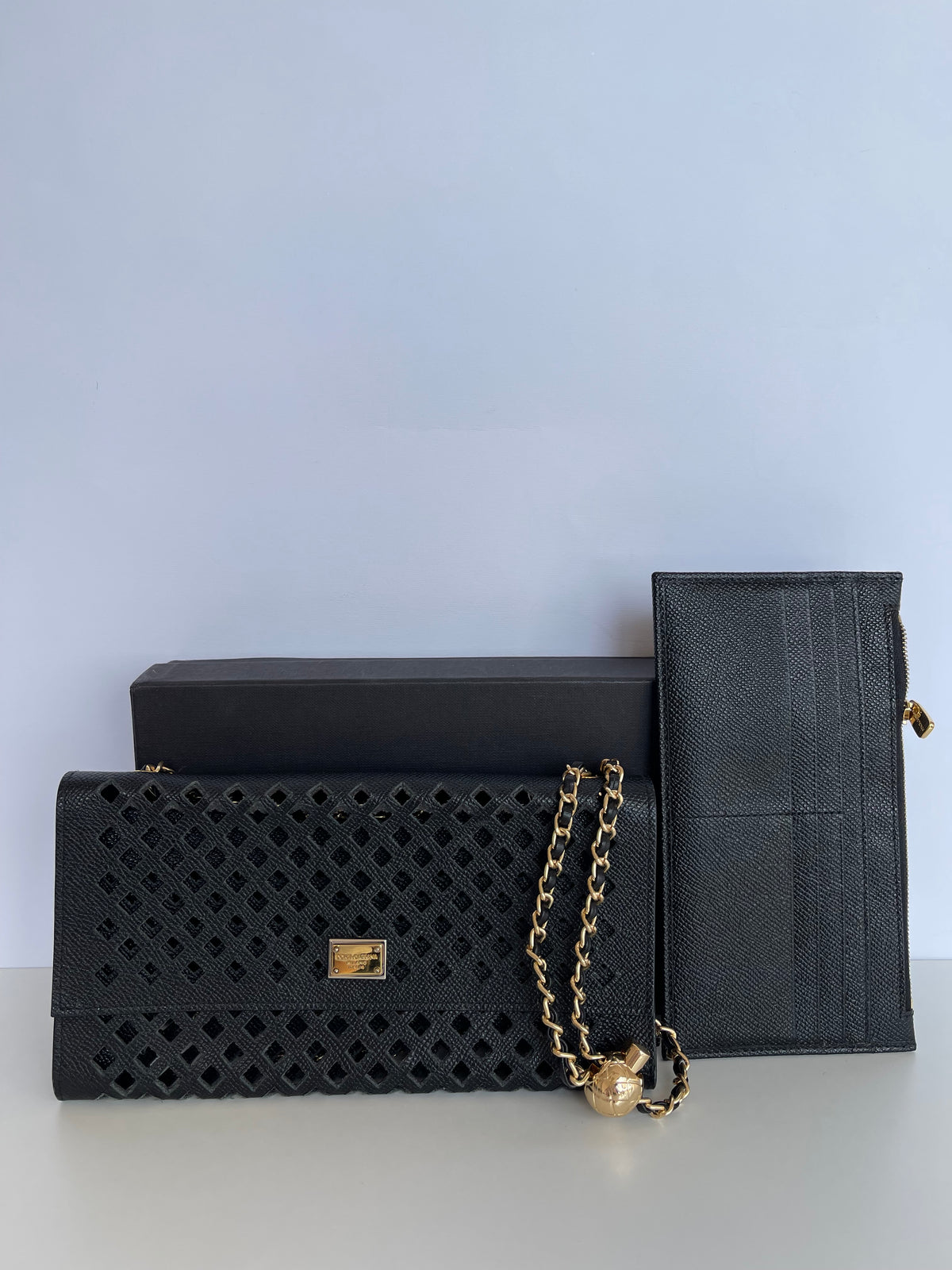 Dolce Gabbana Black Leather Wallet on Chain
