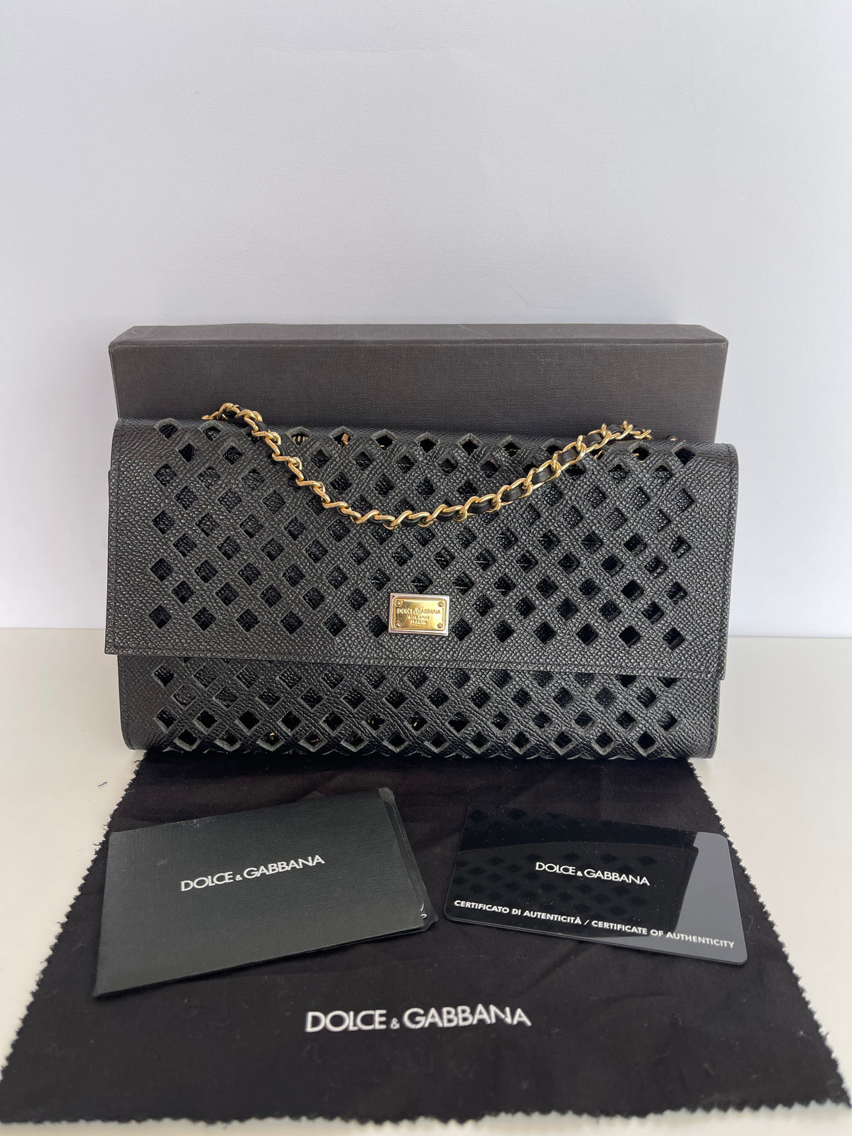 Dolce Gabbana Black Leather Wallet on Chain