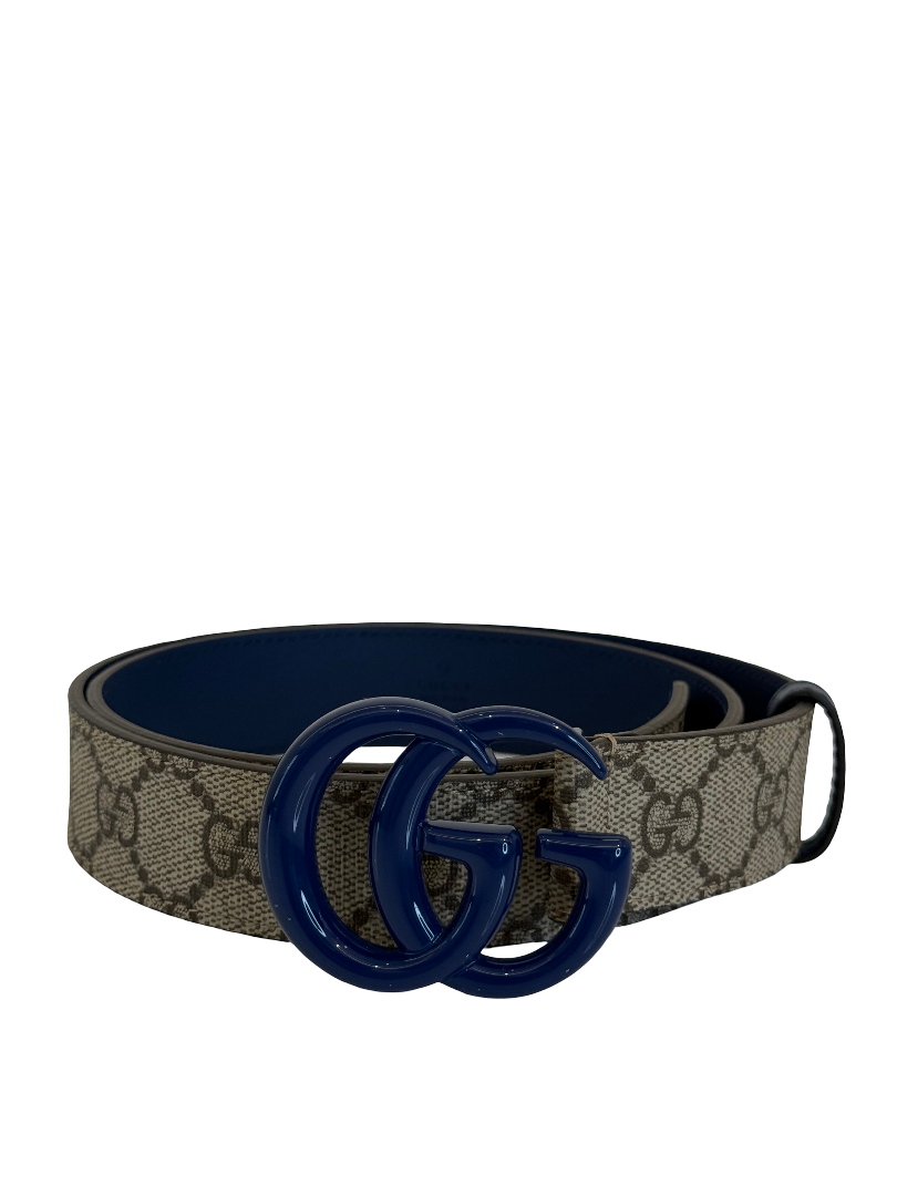 Gucci GG Marmont Beige Supreme Canvas and Blue Leather Belt