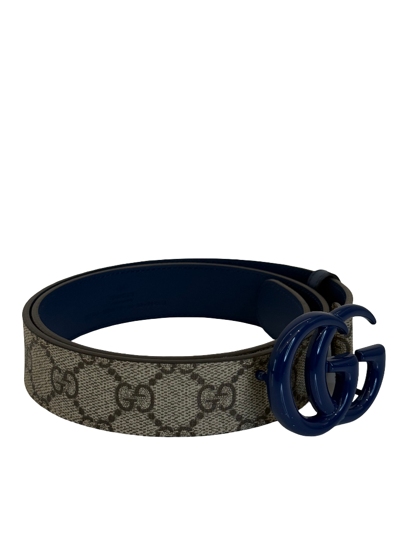 Gucci GG Marmont Beige Supreme Canvas and Blue Leather Belt