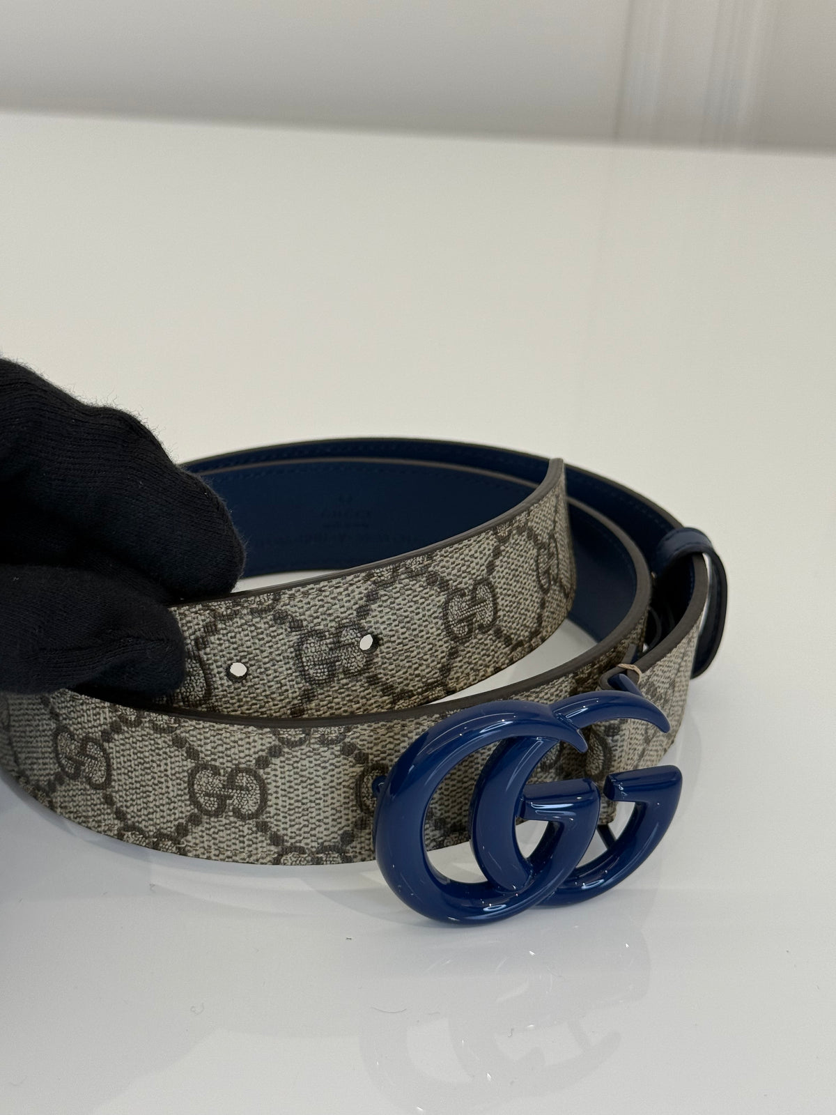 Gucci GG Marmont Beige Supreme Canvas and Blue Leather Belt