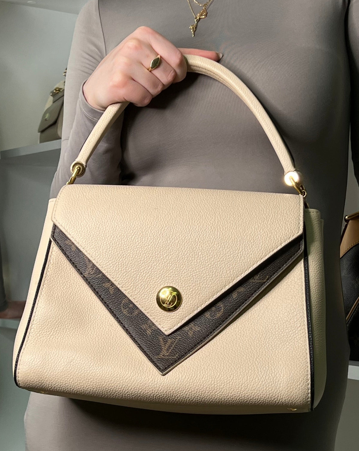 Louis Vuitton Double V Beige Leather Monogram Coated Canvas Handbag
