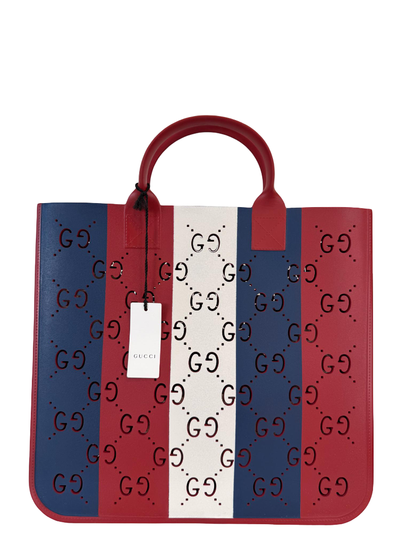 Gucci GG White/Blue/Red Striped Rubber Tote Bag