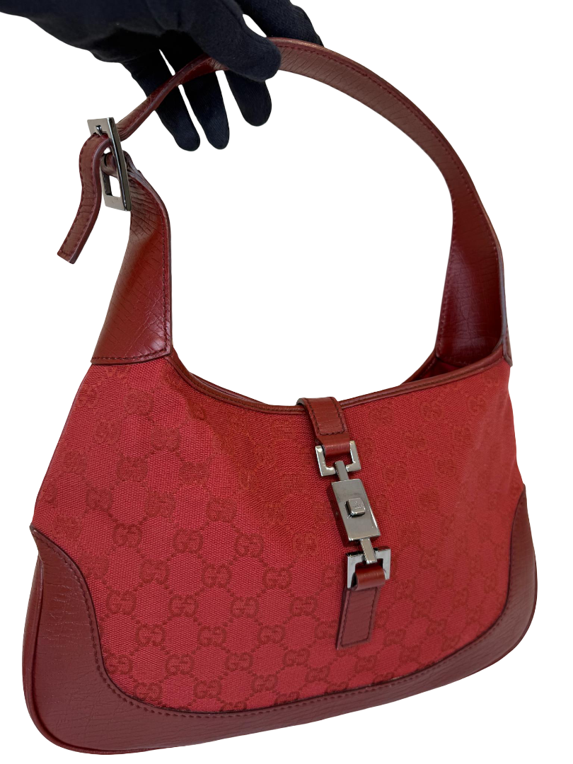 Gucci Vintage Red GG Canvas and Leather Jackie Hobo