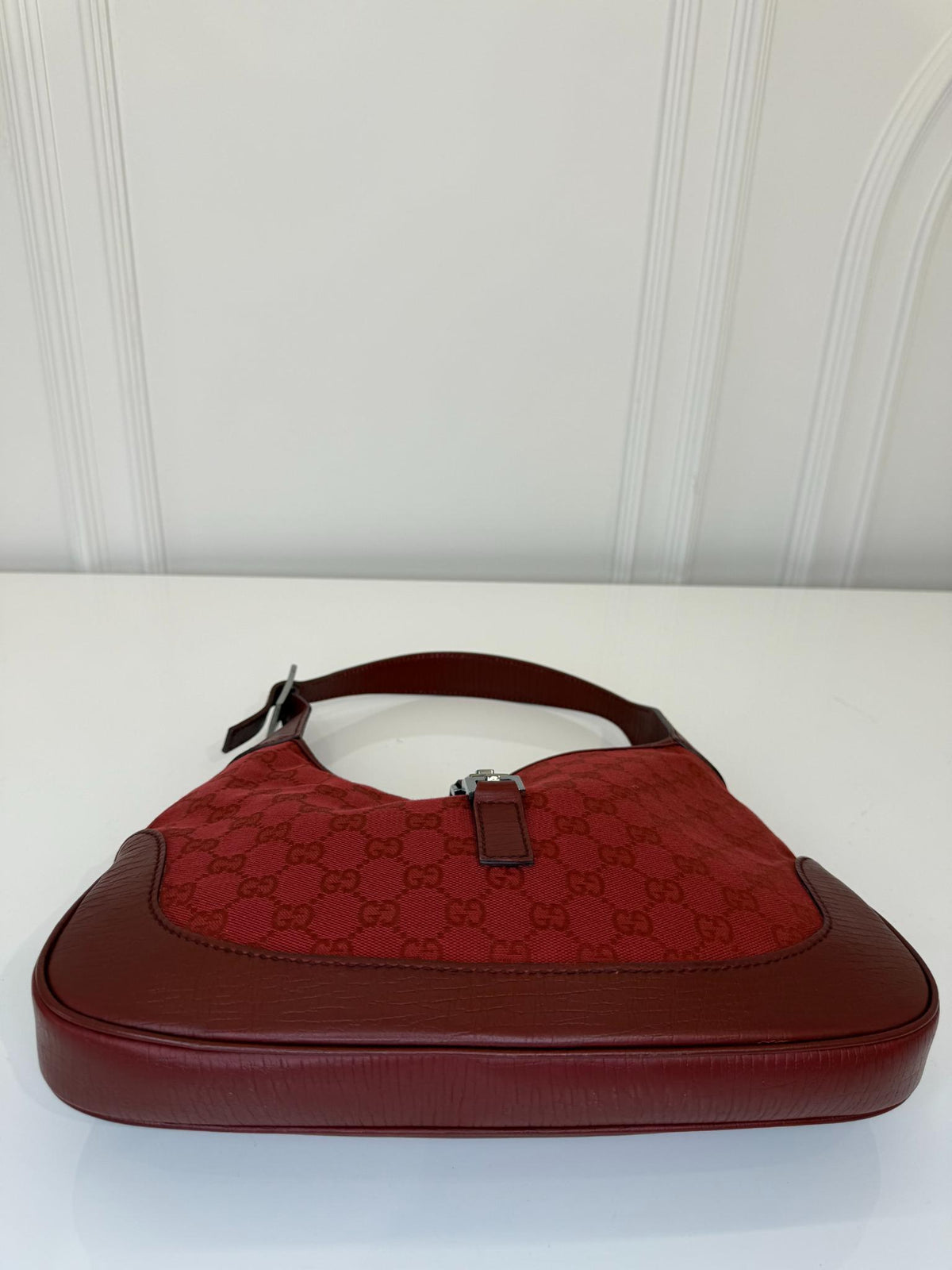 Gucci Vintage Red GG Canvas and Leather Jackie Hobo