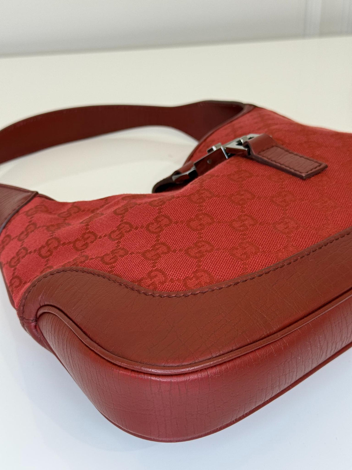 Gucci Vintage Red GG Canvas and Leather Jackie Hobo
