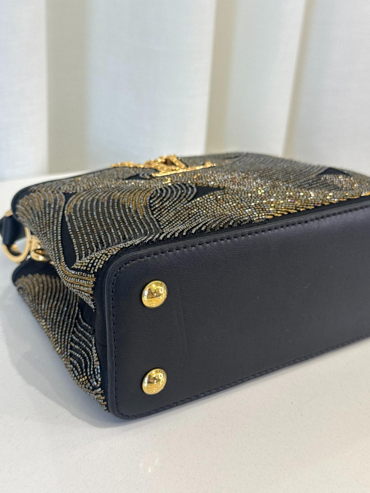 Louis Vuitton Exclusive Cruella Black/Gold Beaded Satin Mini Capucines