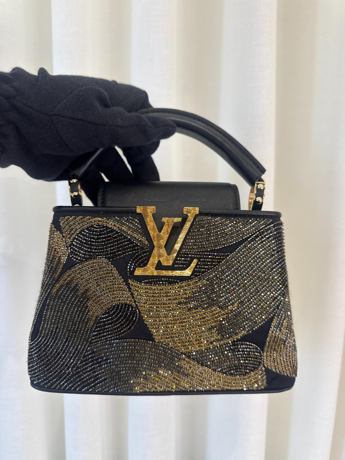 Louis Vuitton Exclusive Cruella Black/Gold Beaded Satin Mini Capucines