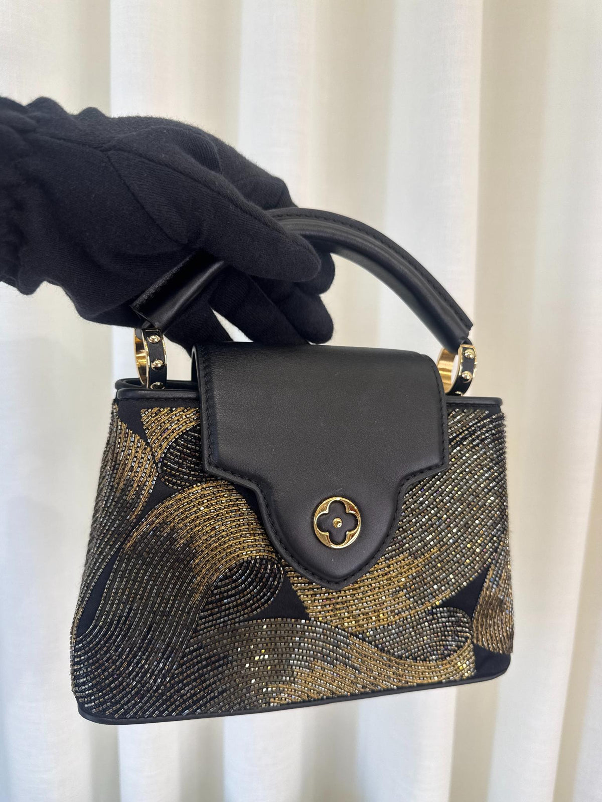 Louis Vuitton Exclusive Cruella Black/Gold Beaded Satin Mini Capucines