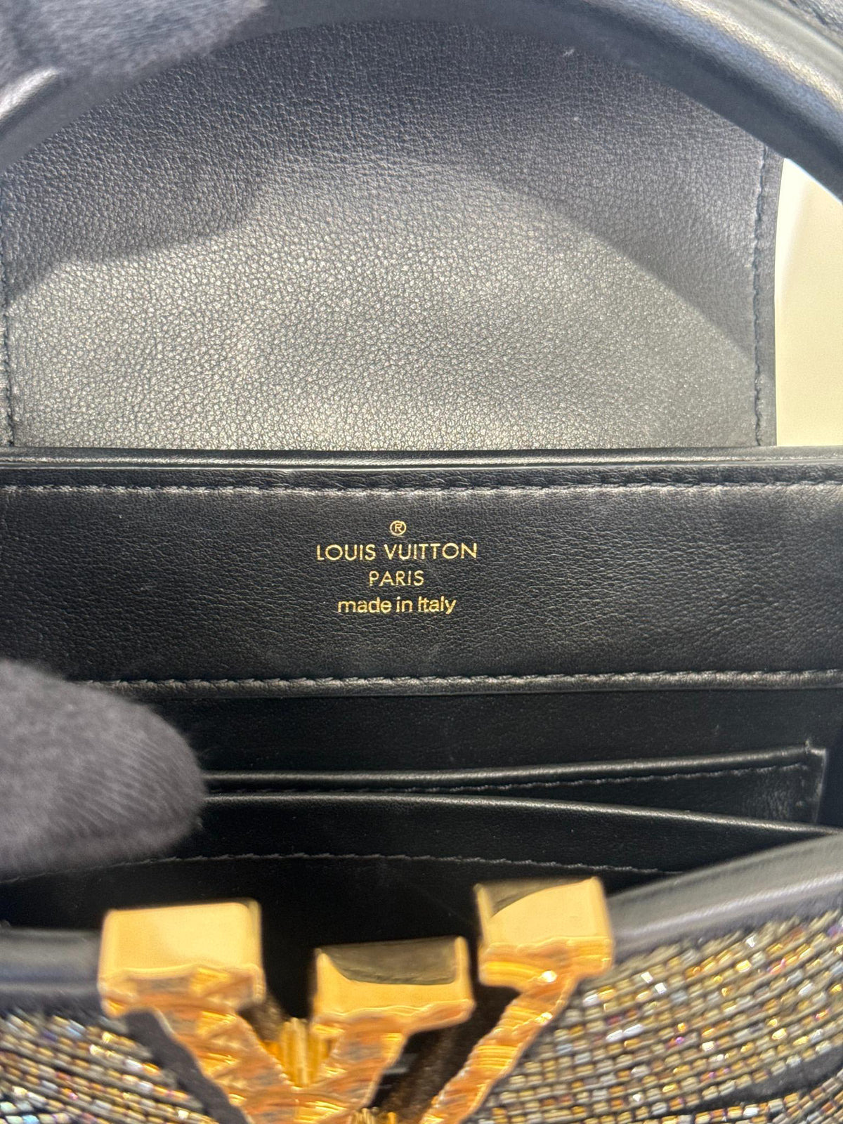 Louis Vuitton Exclusive Cruella Black/Gold Beaded Satin Mini Capucines