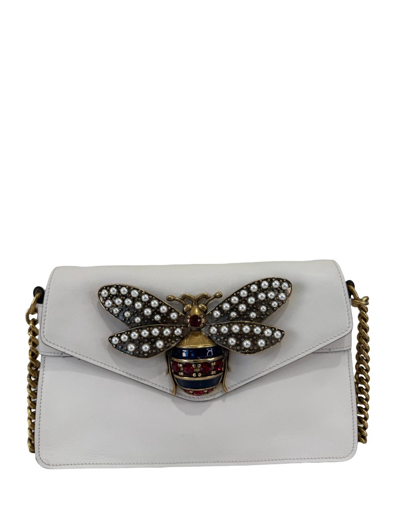 Gucci Ivory Leather Pearl Studded Queen Margaret Broadway Shoulder Bag