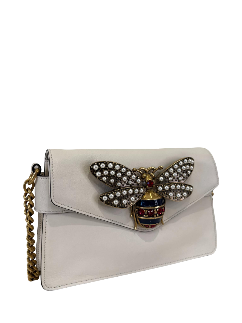 Gucci Ivory Leather Pearl Studded Queen Margaret Broadway Shoulder Bag