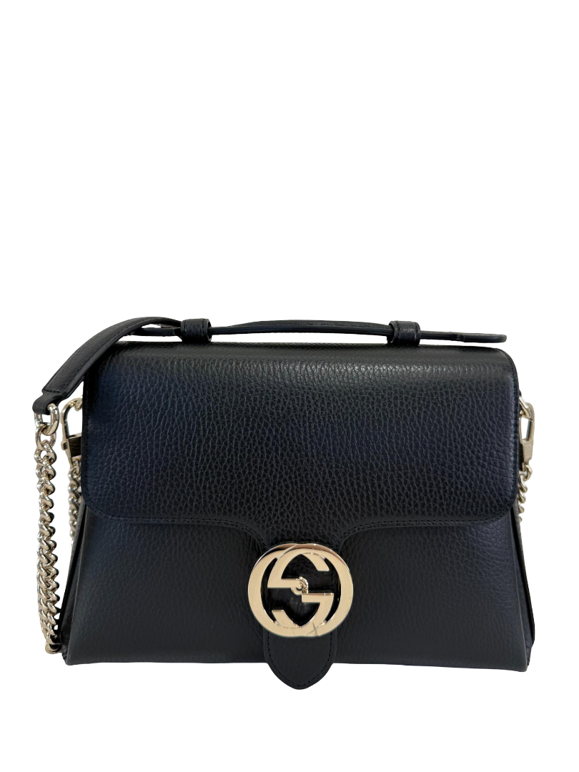 Gucci Dollar Calfskin Interlocking G Top Handle Shoulder Bag Black