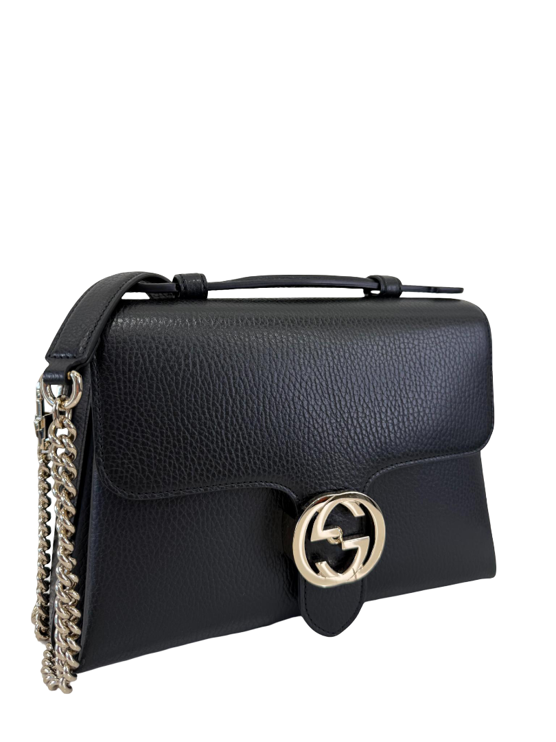Gucci Dollar Calfskin Interlocking G Top Handle Shoulder Bag Black
