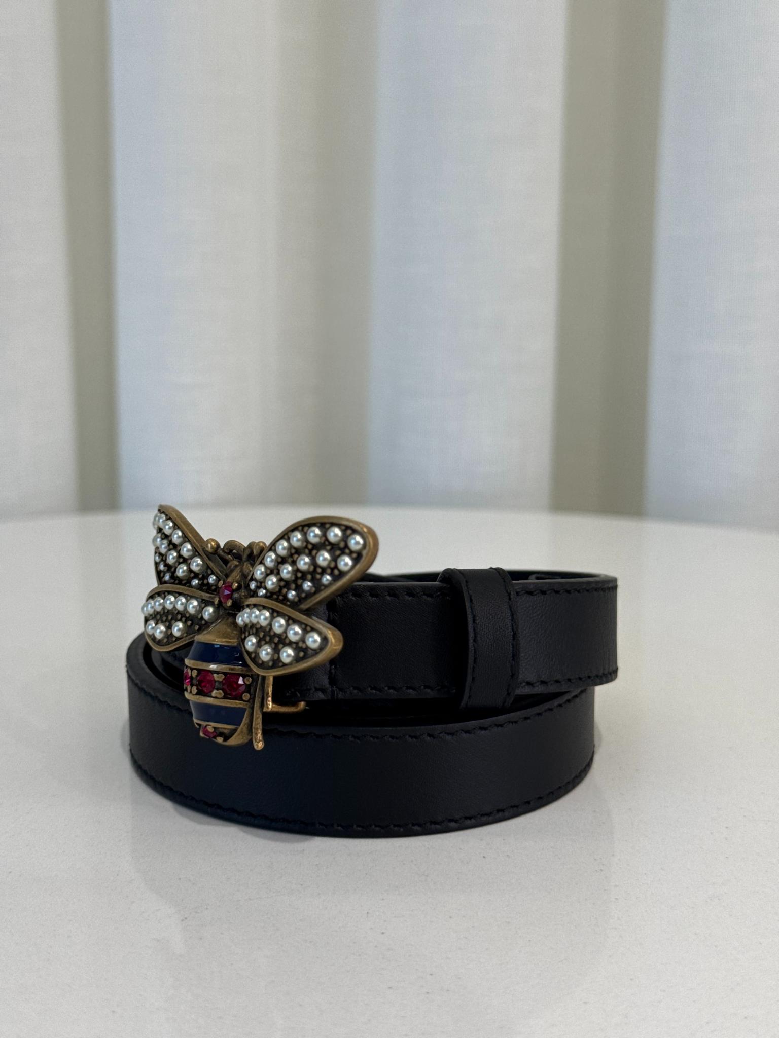 Gucci Queen Margaret Black Leather Bee Belt