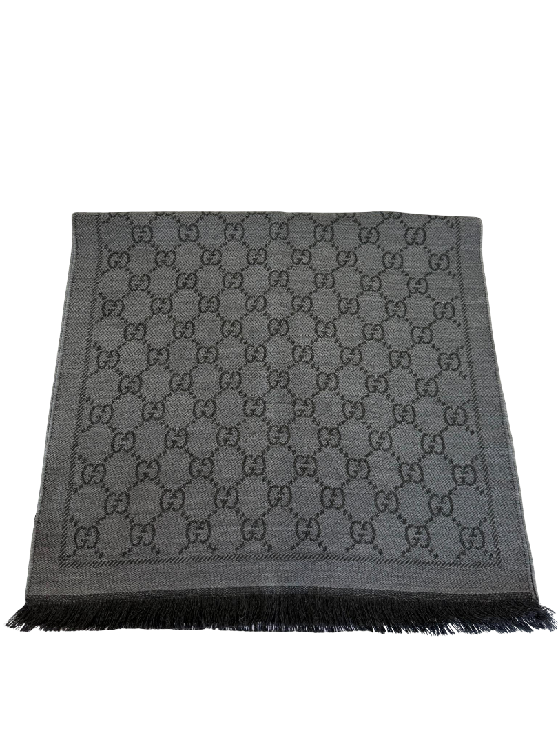 Gucci Grey GG Jacquard Pattern Knitted Wool Scarf