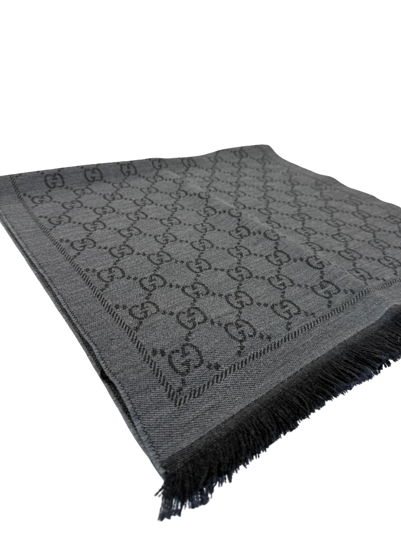 Gucci Grey GG Jacquard Pattern Knitted Wool Scarf