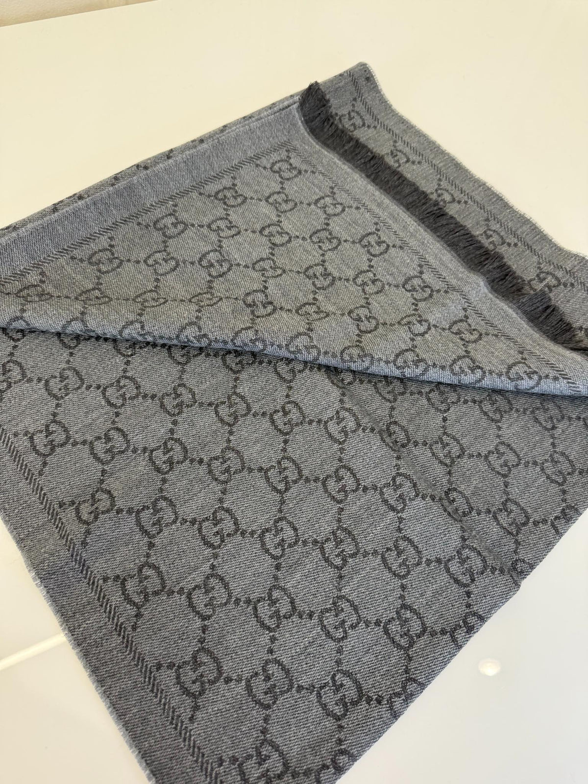 Gucci Grey GG Jacquard Pattern Knitted Wool Scarf